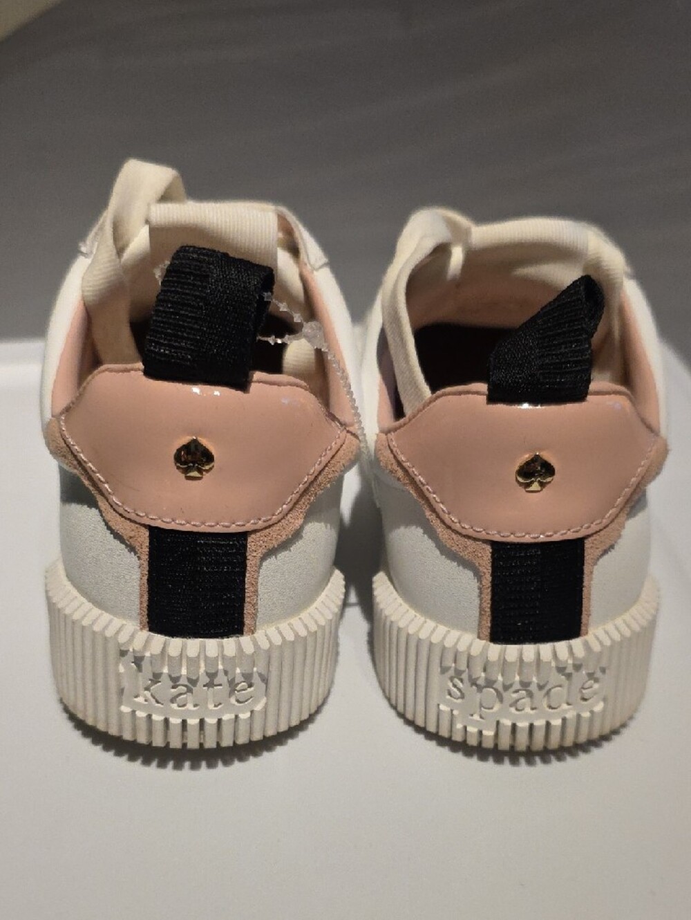 kate spade White Leather Sneakers with Black Side Stripe and Blush Lining - Picture 10 of 15